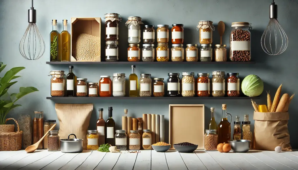 DALL·E 2024-11-07 11.27.11 - A 16_9 aspect ratio image featuring a clean, organized display of pantry essentials for a quick commerce portal. The scene includes a variety of items.webp