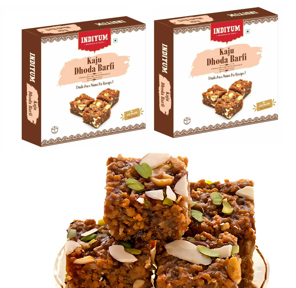 Indiyum Kaju Dodha Burfi | Treditional Indian Sweets | Classic Dodha Burfi Made Special with Kaju & Nuts 400g (200g x 2)