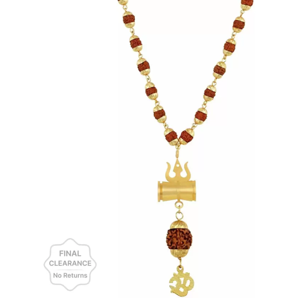 KRIWIN Rudraksh Gold Plated Shiva Om/Trishul/Damru Inspired Mala Pendant Set For Men & Women Gold-plated Plated Brass Chain Set