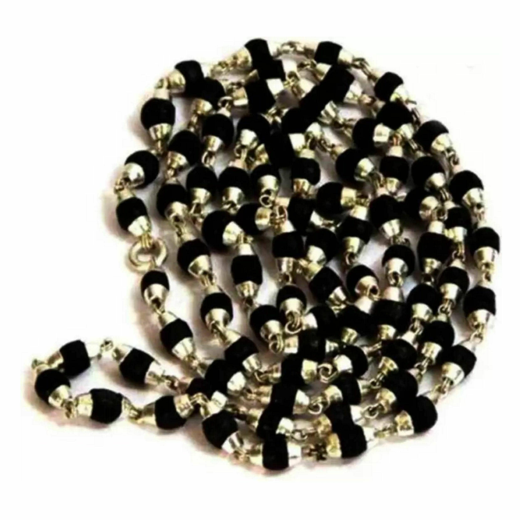 KRIWIN-Tulsi Mala Bead with Silver Cap Alloy Necklace Wood Chain