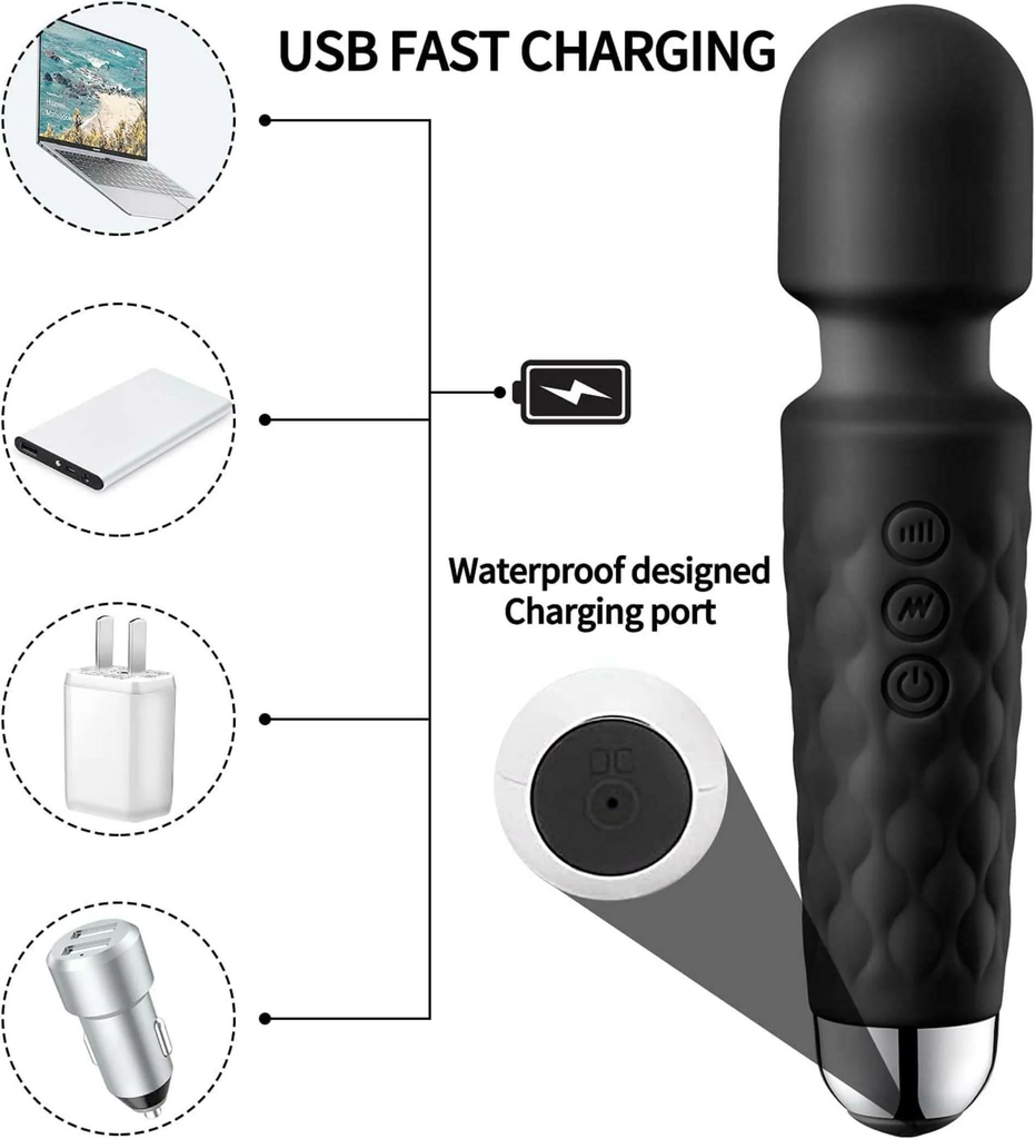 NEPROENT Rechargeable Body Massager for Women and Men / Handheld Waterproof Vibrate Wand Massage Machine with 20 Vibration Modes - 8 Speeds (Black)
