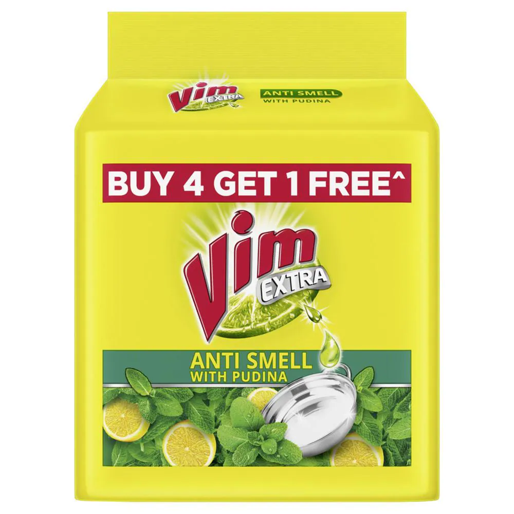 Vim Extra Anti Smell Pudina Dishwash Bar 200 g (Buy 4 Get 1 Free)