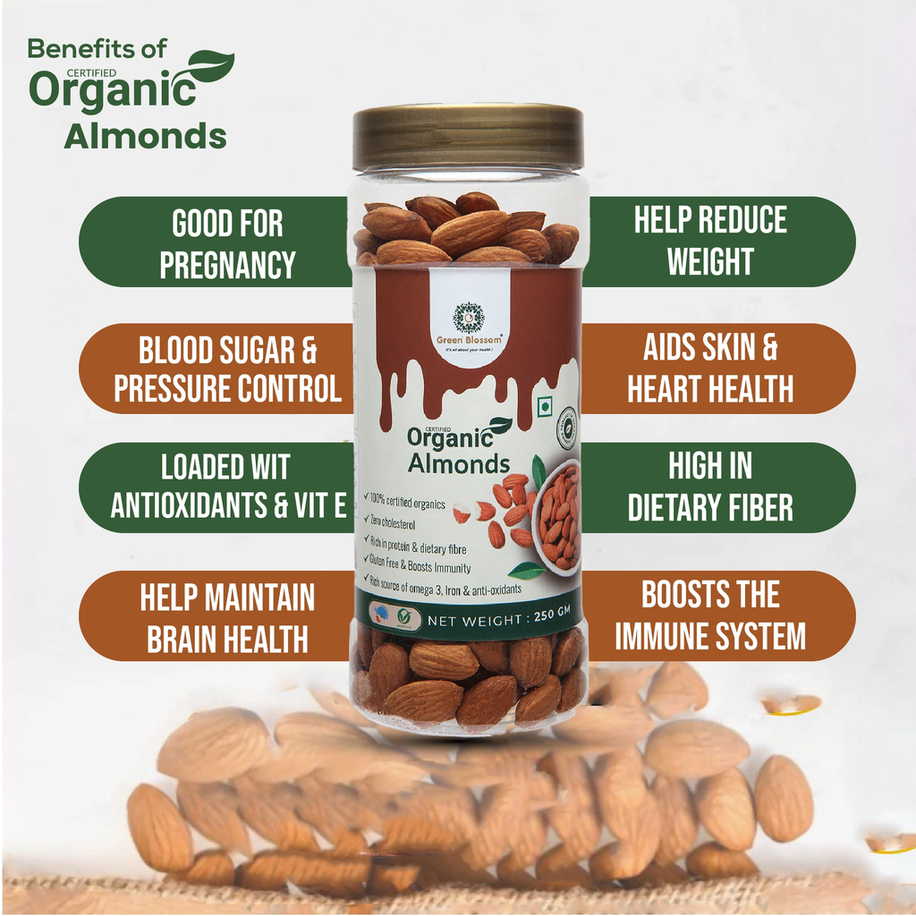Organic Almonds / Badam - 1000 gms ( Pack of 4, NPOP Certified) I Green Blossom