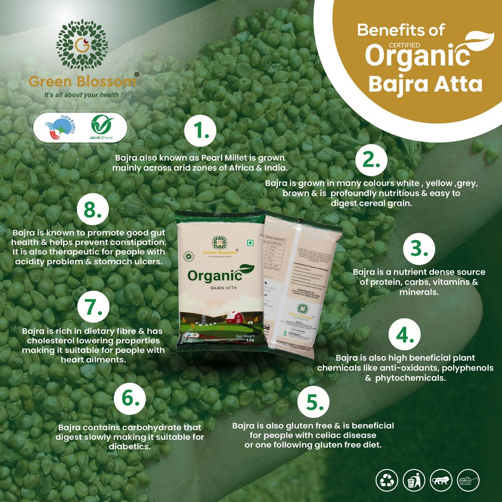Organic Bajra Atta/Pearl Millet Flour - 3 Kg , ( 1 kg, Pack of 3) i Green Blossom