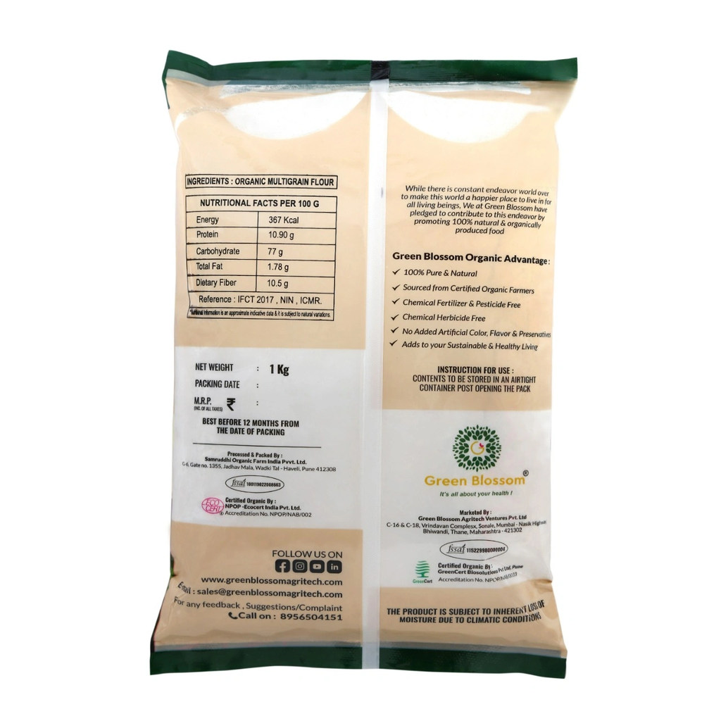 Organic Multigrain Flour / Atta - 3 Kg (1 Kg, Pack of 3) I Unpolished I Green Blossom