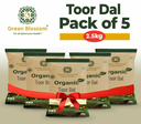 Organic Toor Dal /Arhar Dal (unpolished) - 2.5 Kg (500 gms, Pack of 5) I Green Blossom