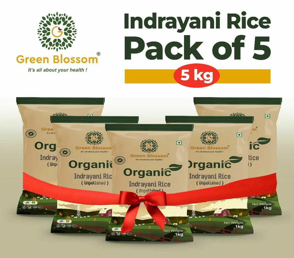 Organic Indrayani Rice (White) - 5 Kg (1 Kg, Pack of 5) I Green Blossom I Unpolished