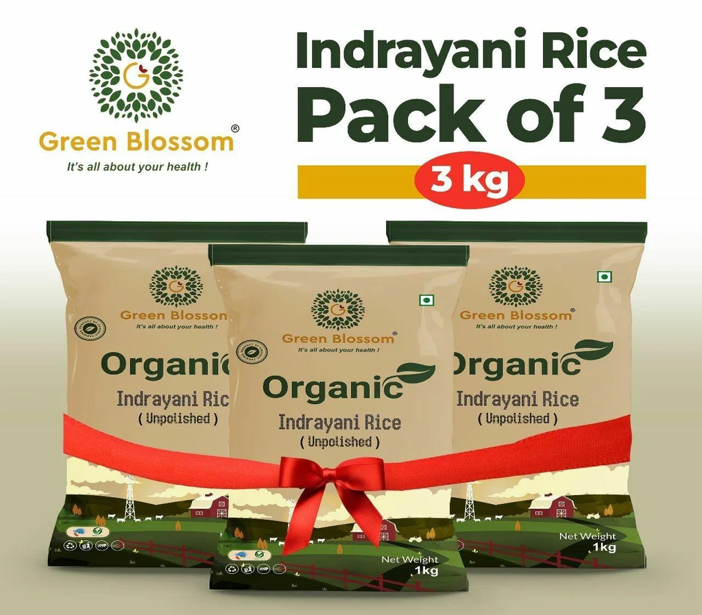 Organic Indrayani Rice (White) - 3 Kg (1 Kg, Pack of 3) I Green Blossom