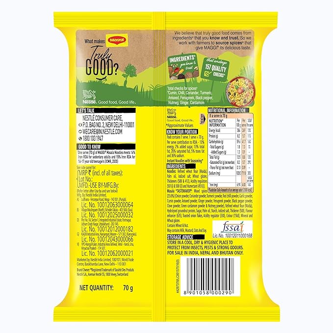 MAGGI 2-Minute Instant Noodles, Masala Noodles With Goodness Of Iron, Made With Choicest Quality Spices, Favourite Masala Taste, 70g Pouch