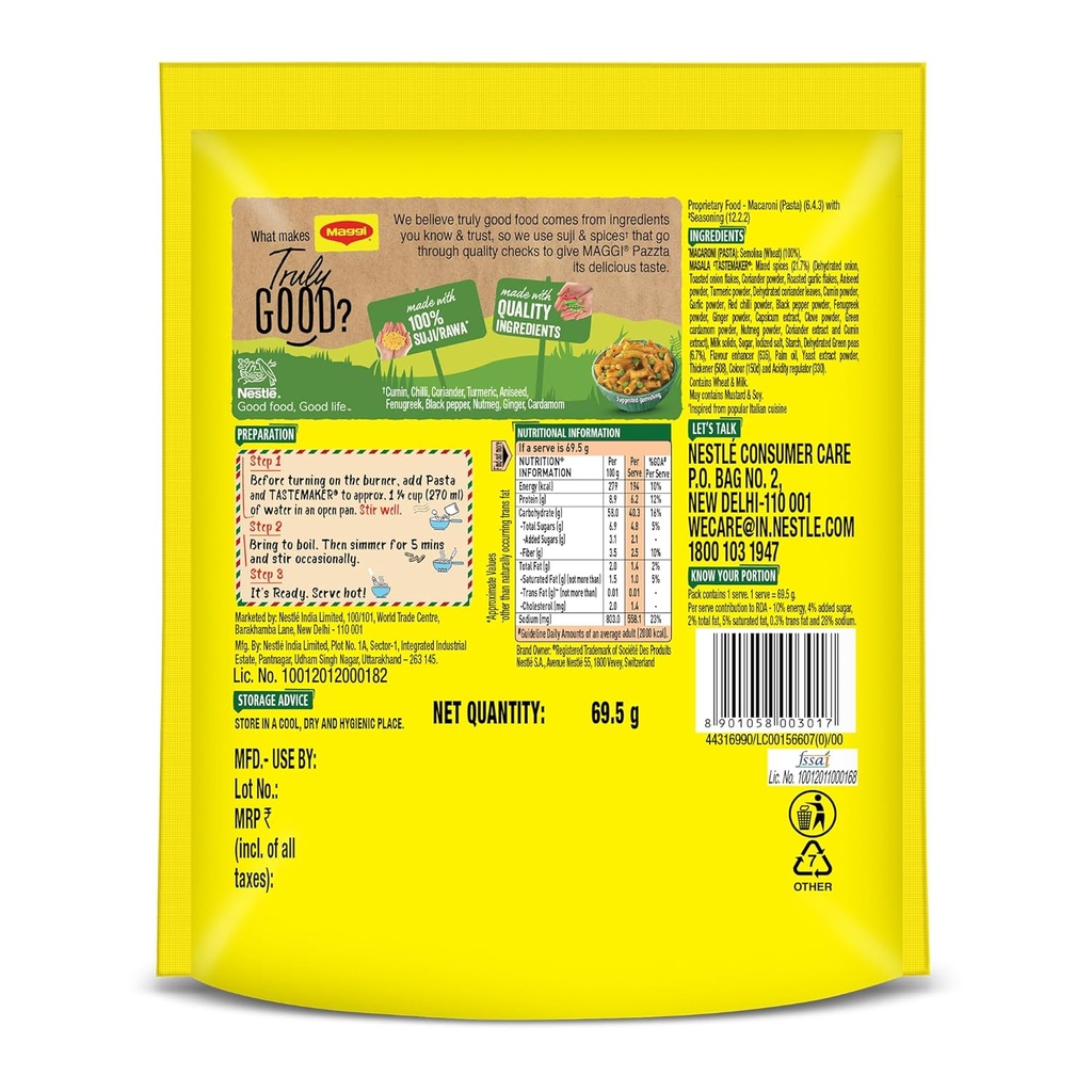 PAZZTA Maggi Masala Penne Pasta, Delicious Italian Style Instant Pasta, Made With 100% Suji & Quality Ingredients, 69.5 Gram Pouch