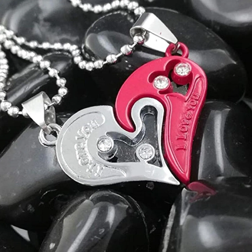 AJS Couples Locket Necklaces Heart Shape Design | I Love You Engraved Valentine Necklace Gift For Couples | Velentine Couple Gift in Two Pieces Pendent Neckleces (Red & Silver)
