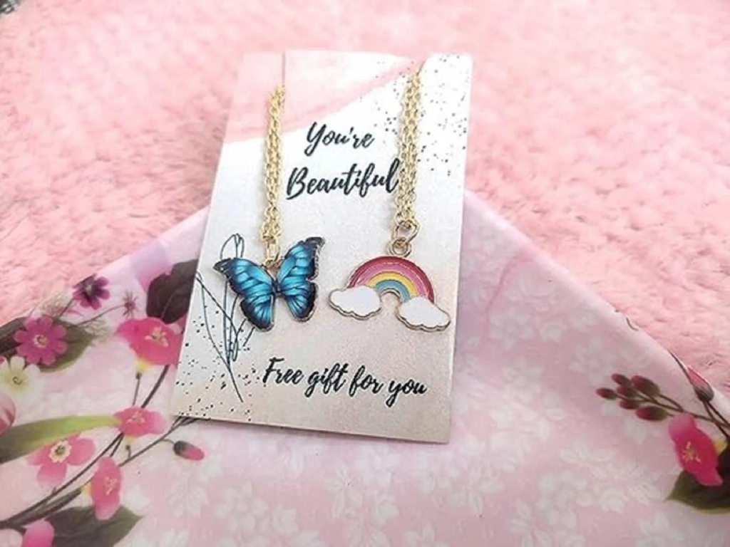 AJS Gold Plated butterfly and Rainbow Pendant with Link Chain | Necklace For Women necklace set | fashion necklace for women | Fashion necklace set for women | necklace set | locket chain (Pack Of -2)