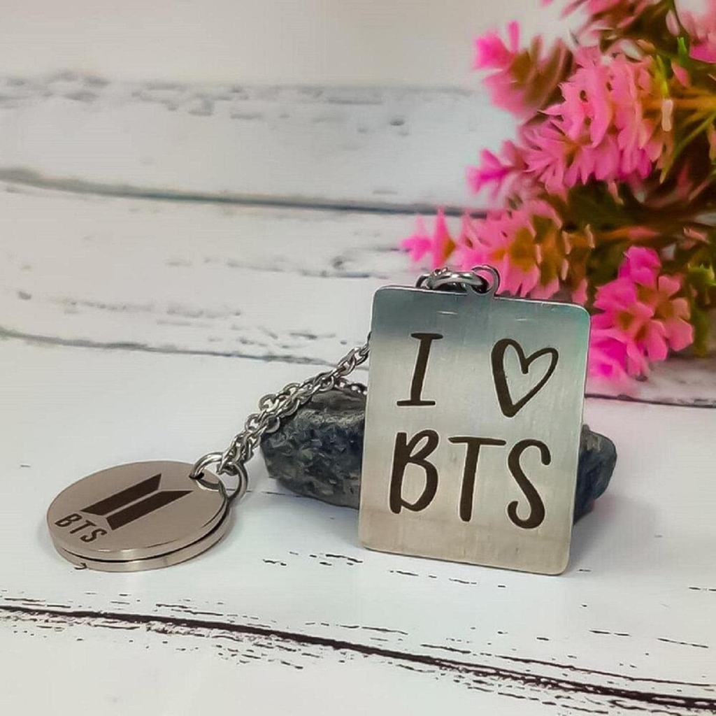 AJS Silver Plated I Love BTS Stainless Steel Silver Pendant Set | BTS Lover Necklaces For Women | necklace set | fashion necklace for women | Pendants Jewellery Gifts for Her (Pack of - 1)