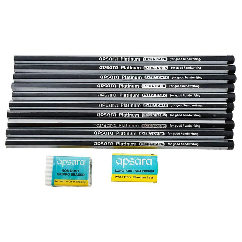 Apsara Platinum Extra Dark Pencil with One Eraser and Sharpener (Pack of 10)