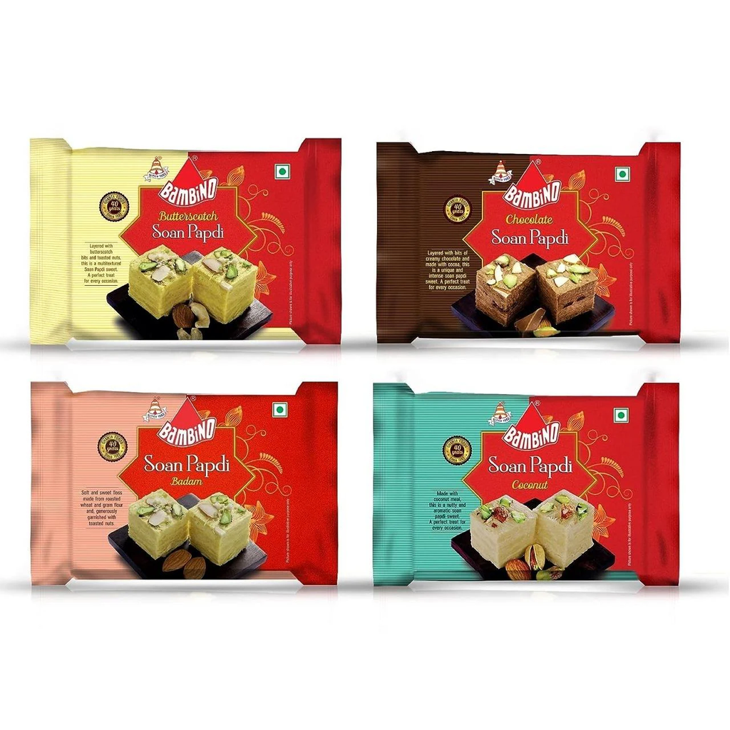 Bambino Soan Papdi Assorted Combo Each 200 Gm X Pack of 4 ( 800 Gms ) Badam, Butterscotch, Chocolate, Coconut