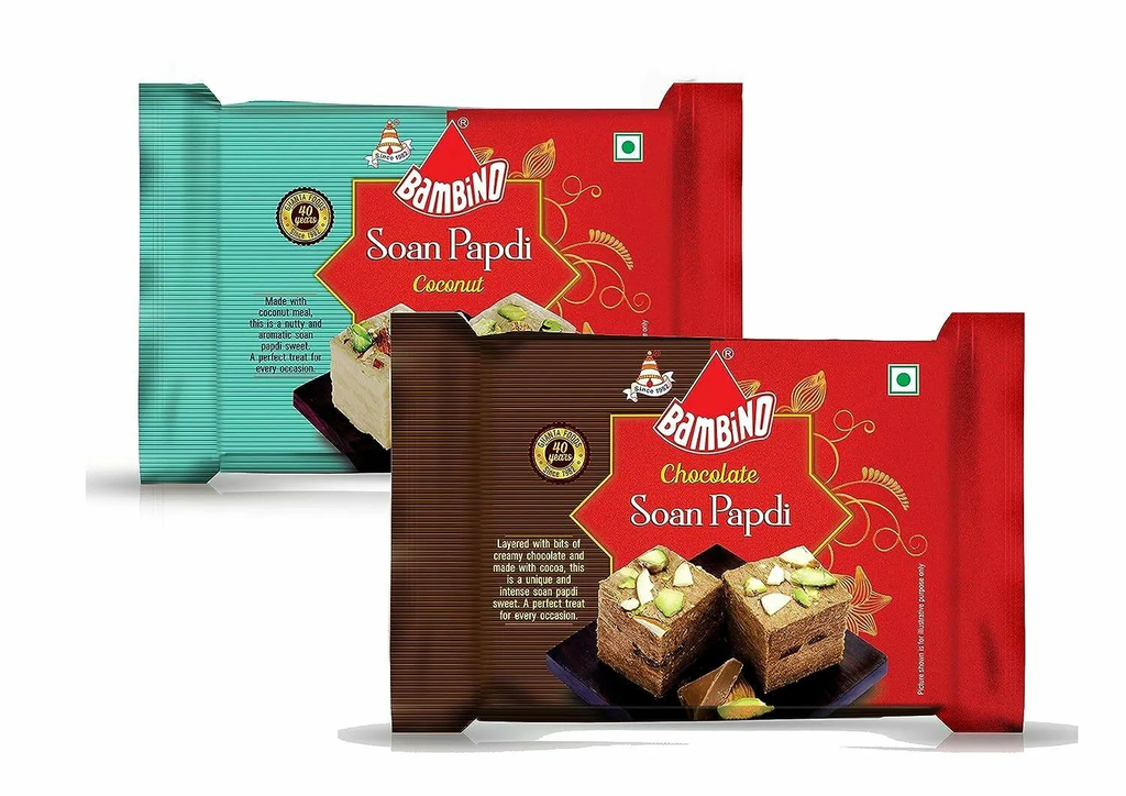Bambino Soan Papdi Chocolate I Coconut Each 200 Gms X Pack of 2 (400 Gms)