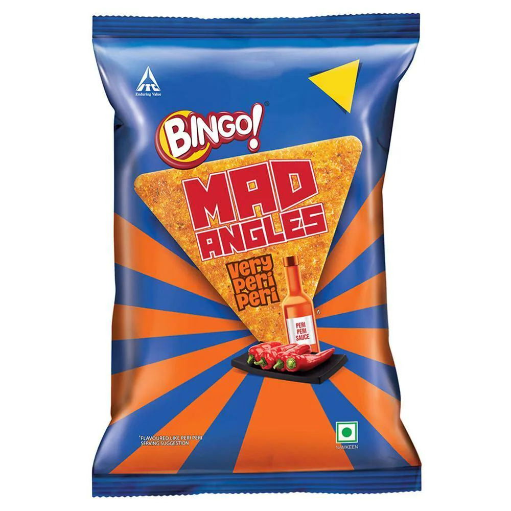 Bingo! Mad Angles Very Peri Peri - Spicy & Crunchy Corn-Based Triangle Chips Pack for Snacks - 117g
