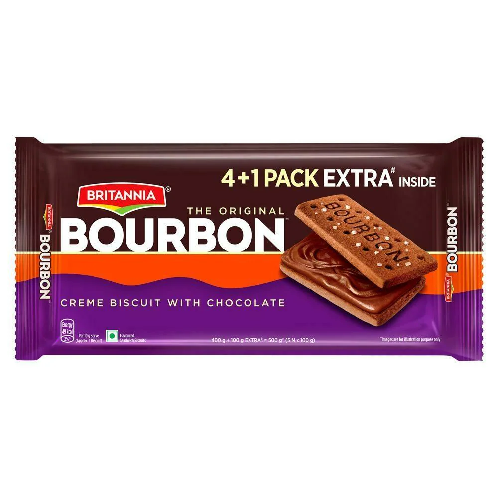 Britannia Bourbon Cream Biscuit With Chocolate 500 g (4 + 1 Pack Extra Inside)