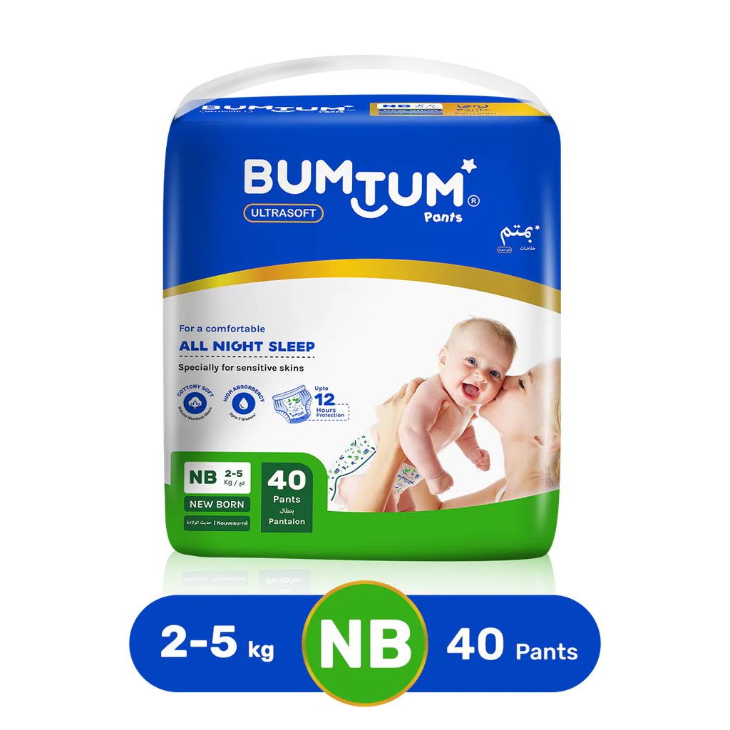Bumtum Baby Diaper Pants, New Born, 40 Count, Double Layer Leakage Protection Infused With Aloe Vera, Cottony Soft High Absorb Technology (Pack of 1)