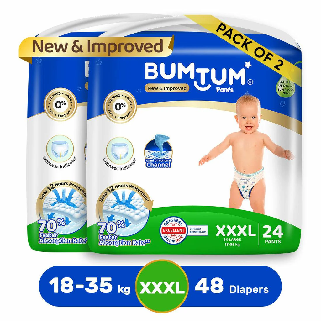 Bumtum Baby Diaper Pants, XXXL Size, 48 Count, Double Layer Leakage Protection Infused With Aloe Vera, Cottony Soft High Absorb Technology (Pack of 2)