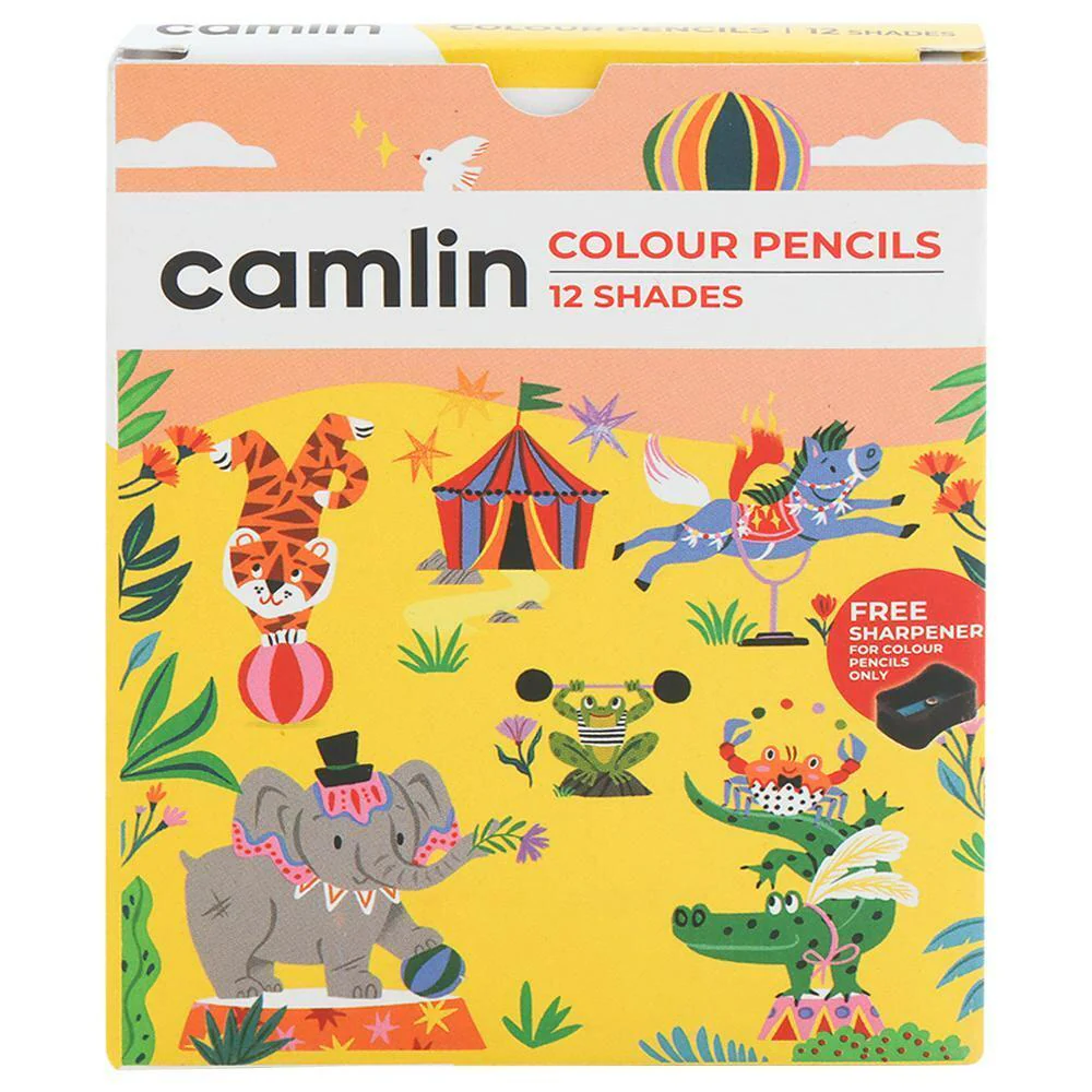 Camlin Assorted Wooden Colour Pencils With Free Sharpener (12 Shades)