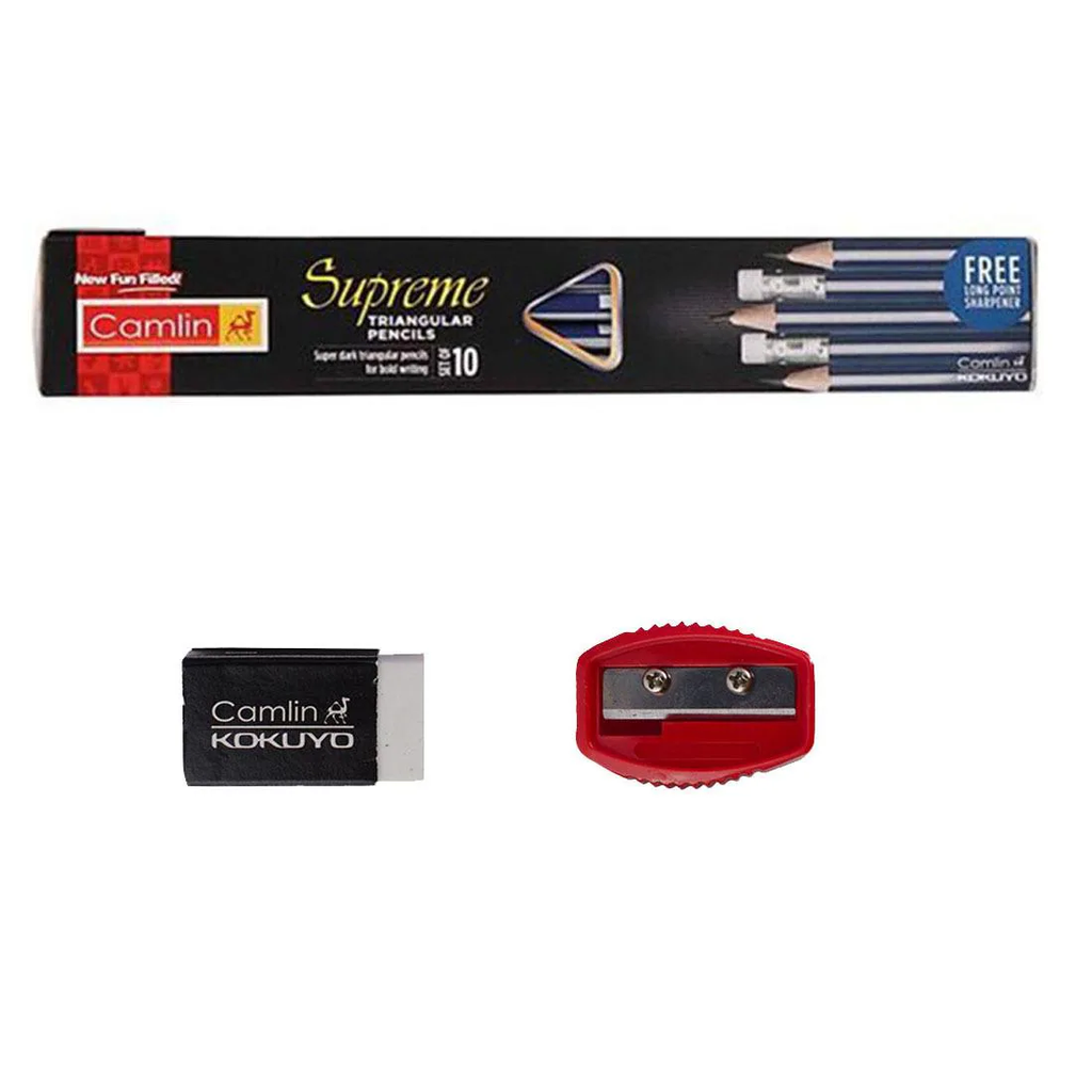 CAMLIN SUPREME TRIANGULAR RT PENCILS SET OF 10 WITH RUBBER TIP PACK OF 6