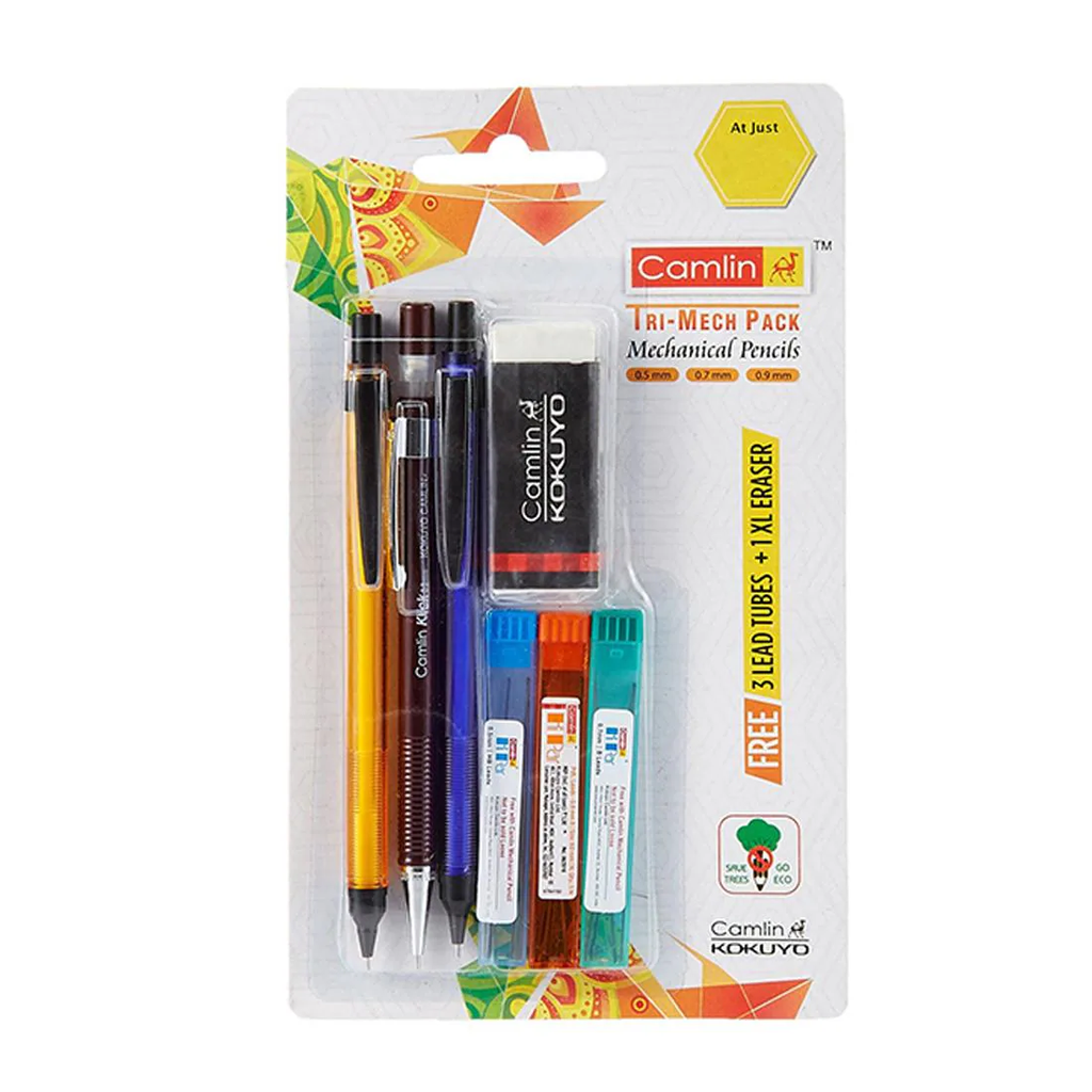 CAMLIN TRI MECHANICAL PENCILS SET OF 3 WITH LEADS FREE PACK OF 10