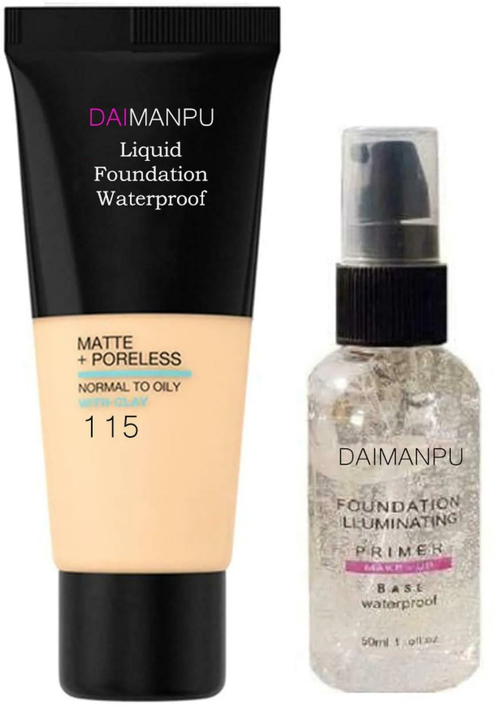DAIMANPU Makeup Waterproof Foundation 115 Shade with Bottle Pump Primer Mini Makeup Kit (Pack of 2)