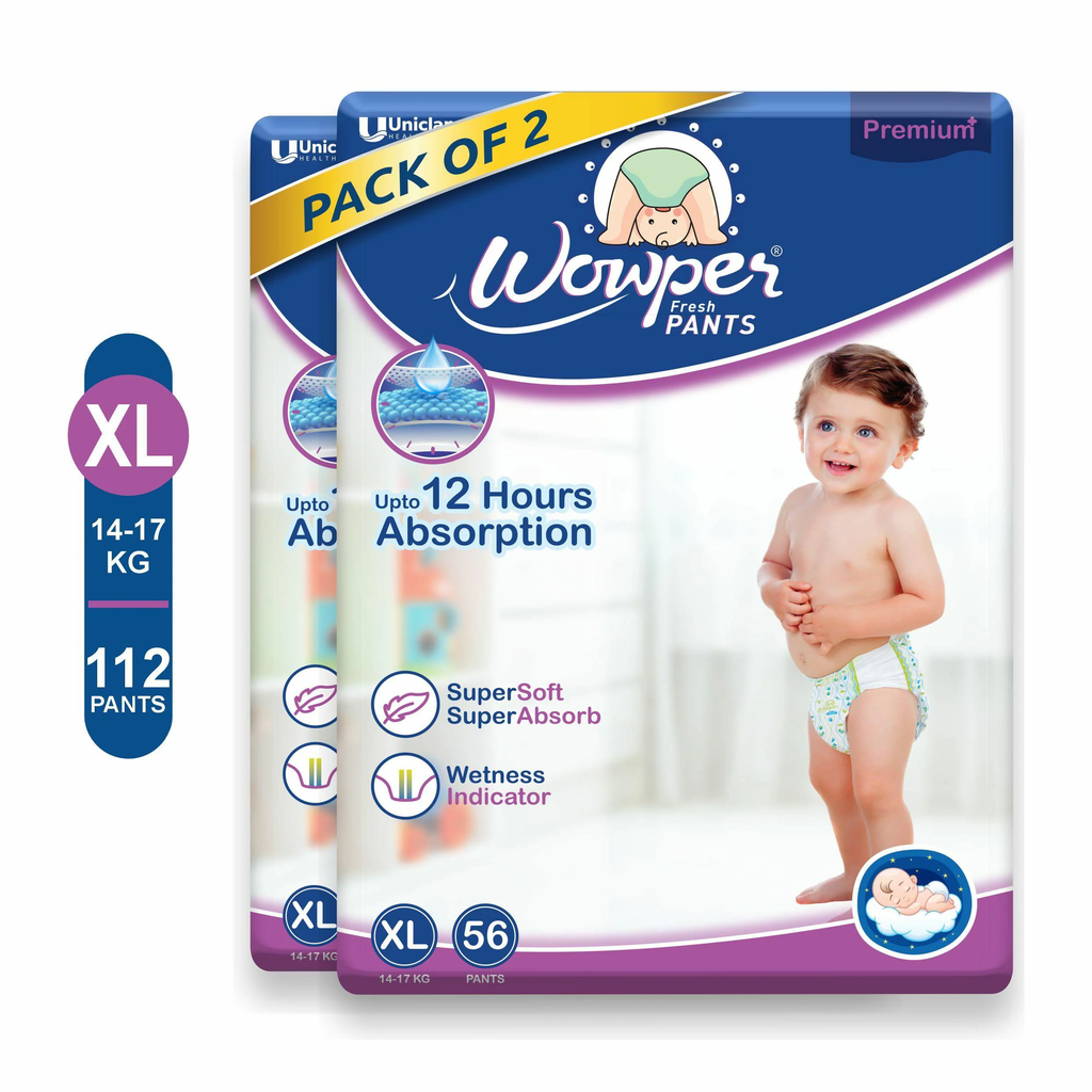 Wowper Fresh Baby Diaper Pants | Extra Large (XL) Size - 112 Pieces 14-17 Kg | Pack of 2 | Wetness Indicator | Upto 12 Hrs Absorption |