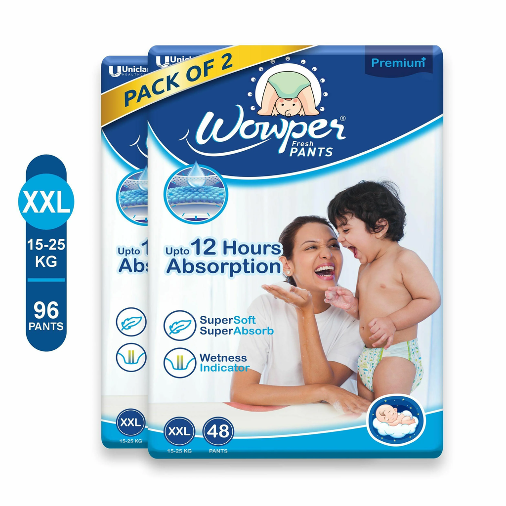 Wowper Fresh Baby Diaper Pants | Double Extra Large (XXL) Size - 96 Pieces 15-25 Kg | Pack of 2 | Wetness Indicator | Upto 12 Hrs Absorption |