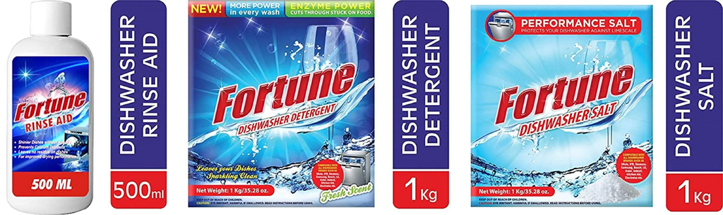 FORTUNE Dishwasher Detergent Starter Combo - Dishwasher Detergent Detergent 1kg (Pack of 1), Salt 1kg (Pack of 1) & Rinse Aid 500ml (Pack of 1)
