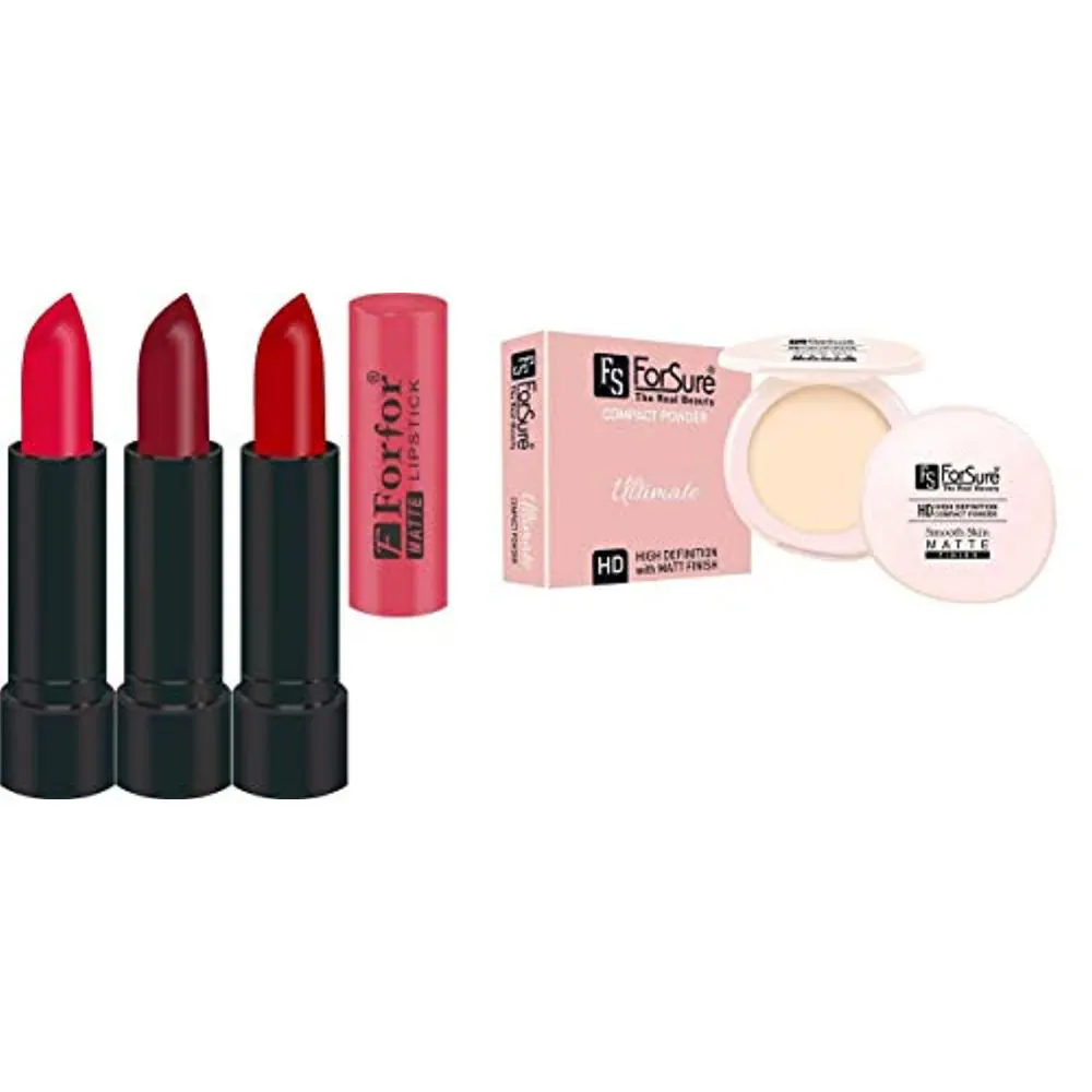 FS ForSure Compact Powder with Primer Effect & Forfor Matte Lipstick (Pack of 4) Multicolor