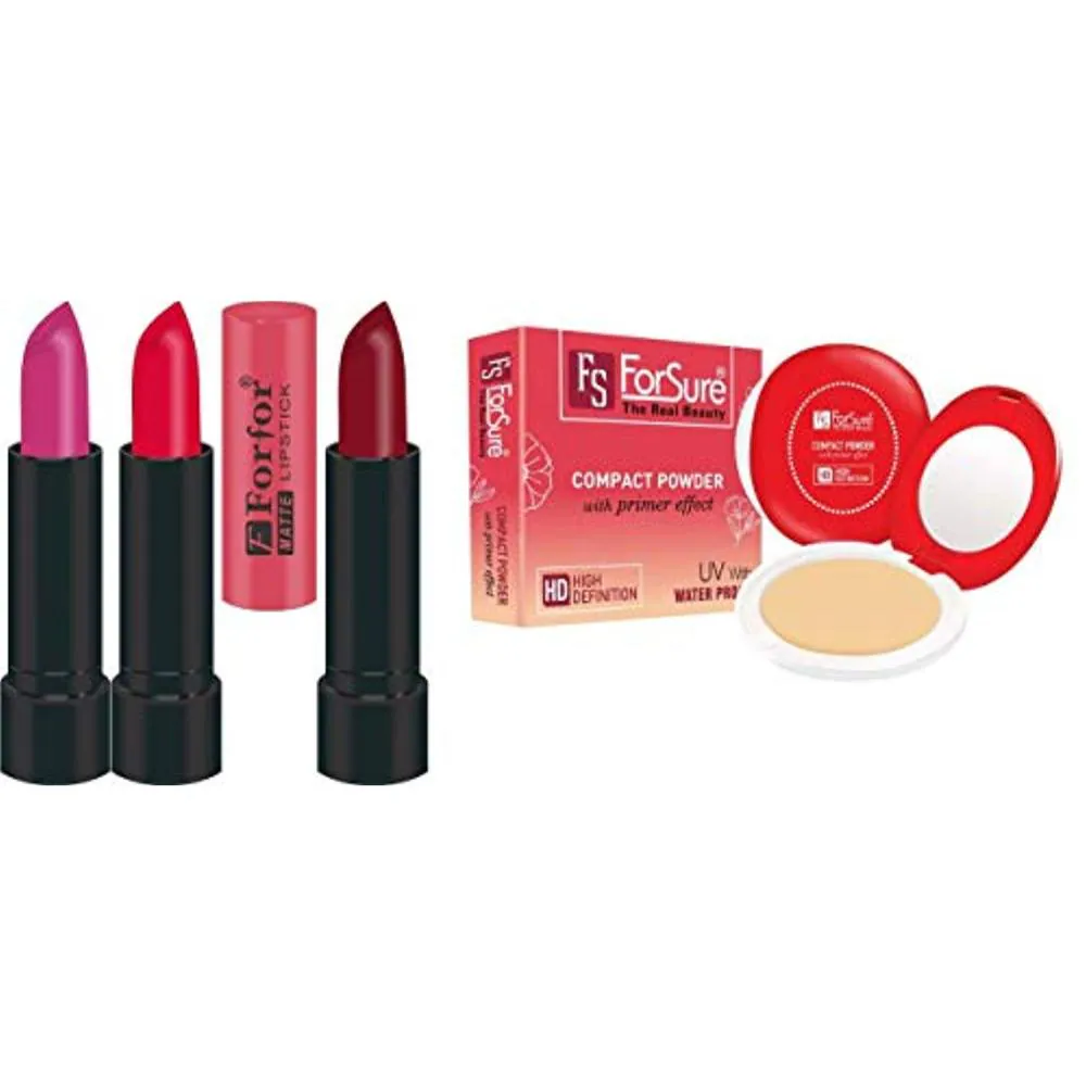 FS ForSure Compact Powder with Primer Effect & Forfor Matte Lipstick (Pack of 4) Multicolor