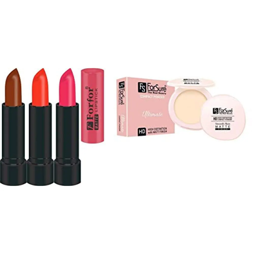 FS ForSure Compact Powder with Primer Effect & Forfor Matte Lipstick (Pack of 4) Multicolor