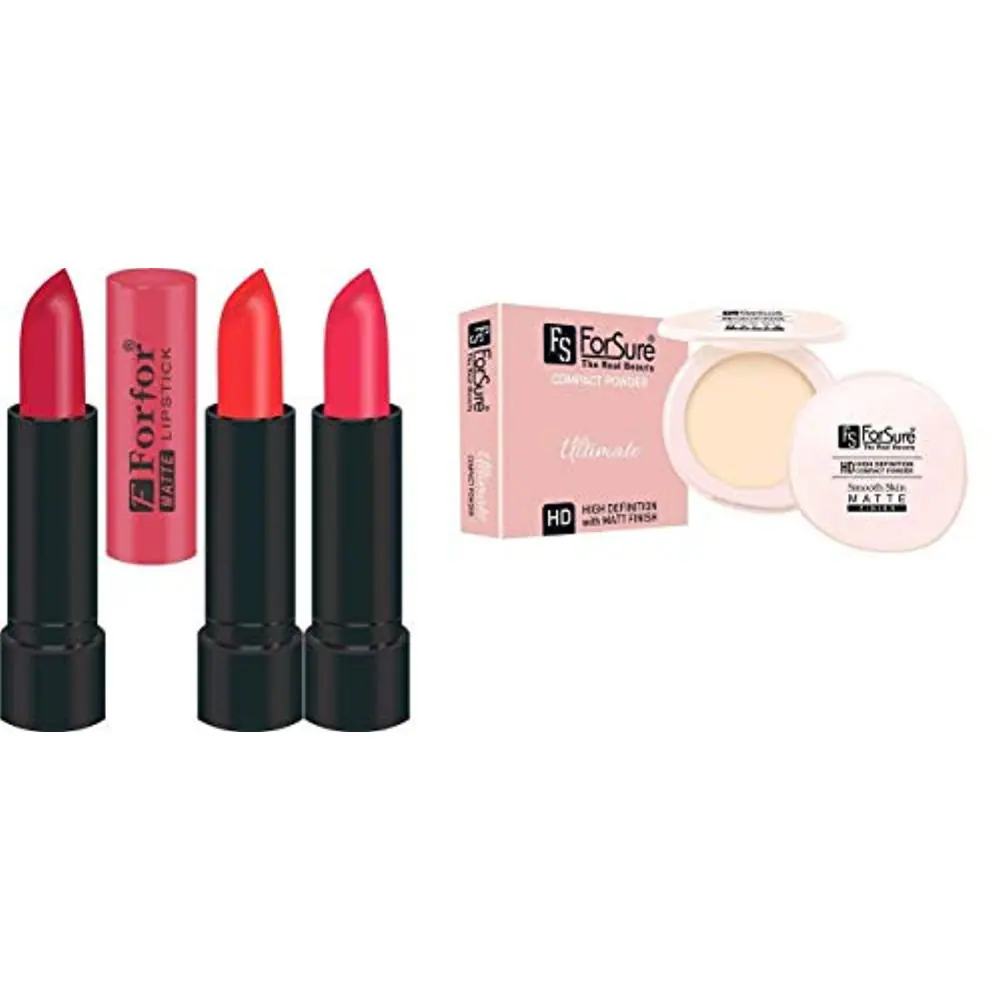 FS ForSure Compact Powder with Primer Effect & Forfor Matte Lipstick (Pack of 4) Multicolor