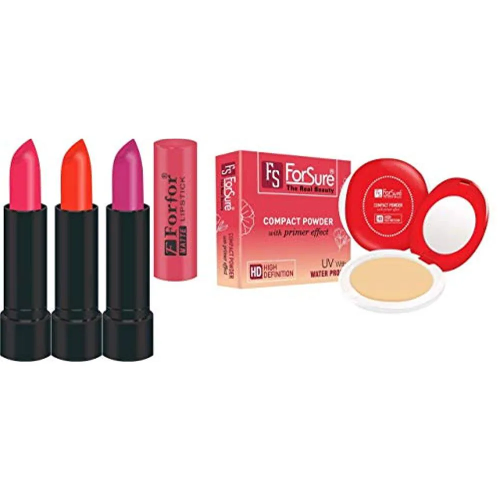 FS ForSure Compact Powder with Primer Effect & Forfor Matte Lipstick (Pack of 4) Multicolor