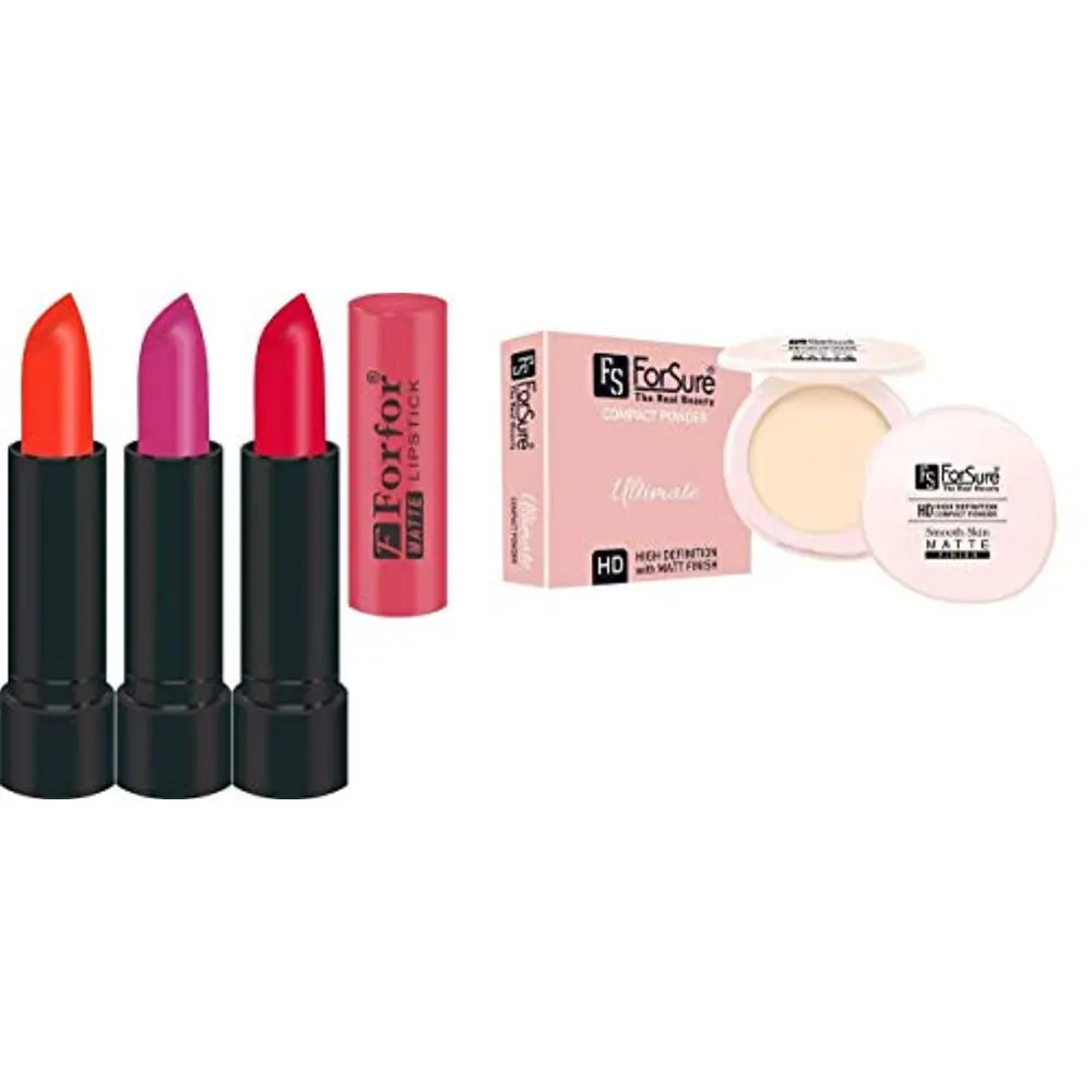 FS ForSure Compact Powder with Primer Effect & Forfor Matte Lipstick (Pack of 4) Multicolor
