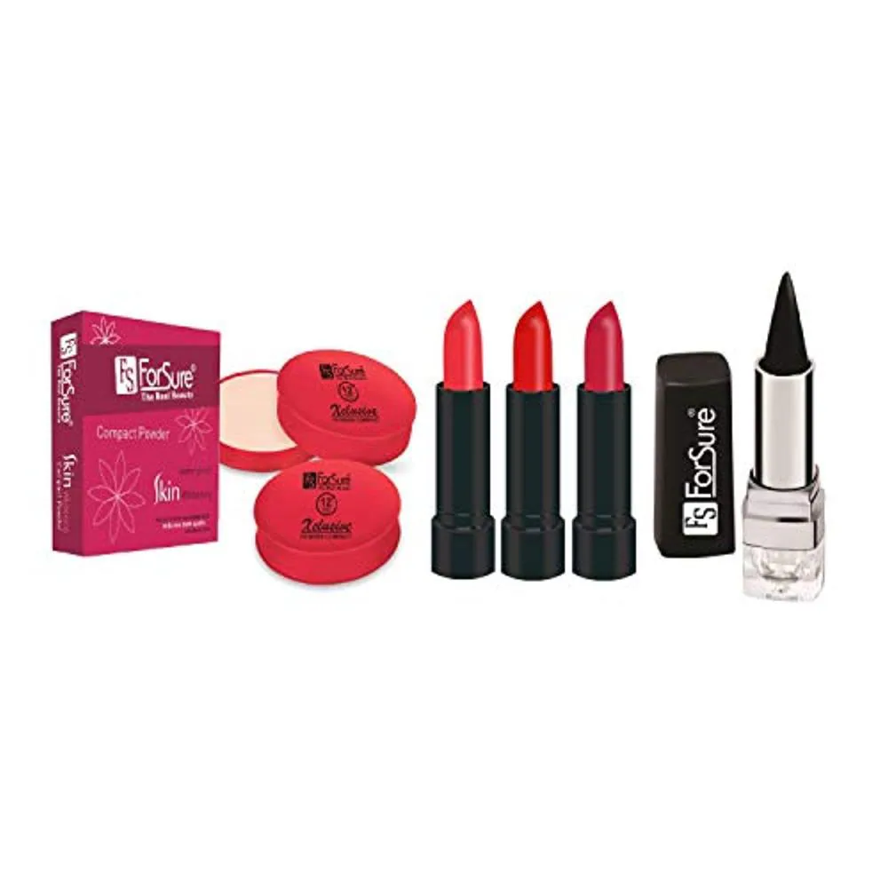 FS ForSure Compact Powder with Primer Effect, Kajal Forfor Matte Lipstick (Pack of 6) Multicolor