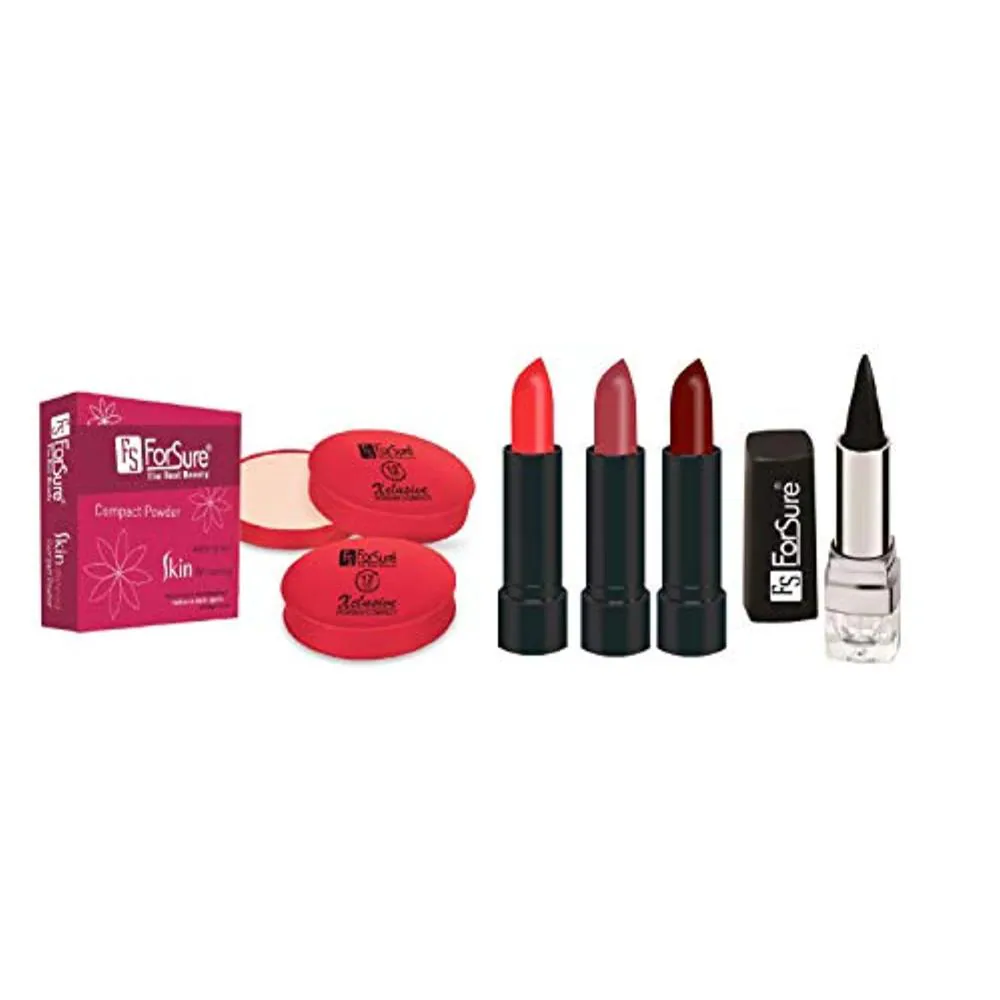 FS ForSure Compact Powder with Primer Effect, Kajal Forfor Matte Lipstick (Pack of 6) Multicolor