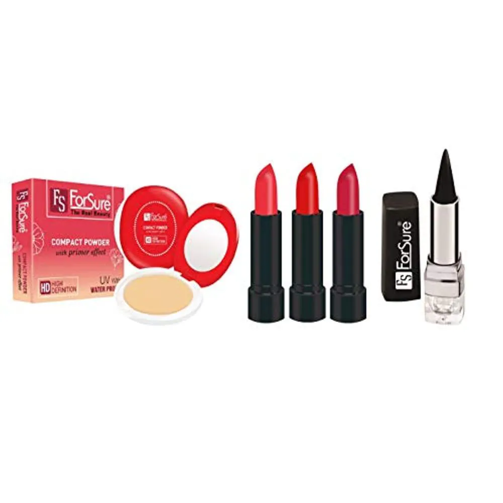 FS ForSure Compact Powder with Primer Effect, Kajal & Matte Forfor Lipstick (Pack of 5) Multicolor