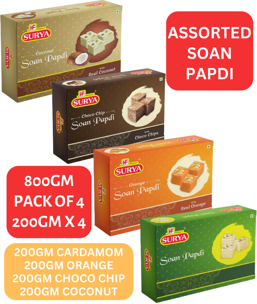 HF, SURYA 800g Assorted Soan Papdi (Elaichi, Orange, Choco Chip, Coconut) | Pack Of 4; 200g X 4 |Indian Sweet