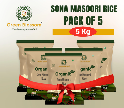 Organic Sona Masoori Rice (White) - 5 Kg (1 Kg, Pack of 5) I Green Blossom