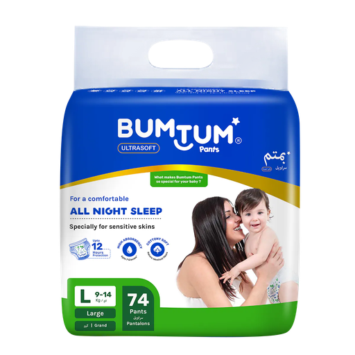 Bumtum Baby Diaper Pants, Large Size, 74 Count, Double Layer Leakage Protection, Aloe Vera (Pack of 1)