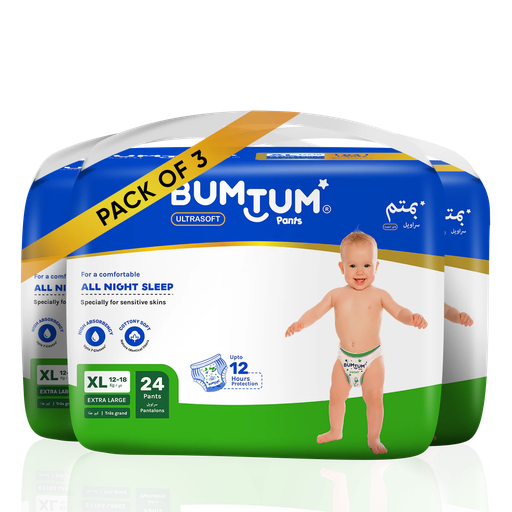 Bumtum Baby Diaper Pants, XL Size 72 Count, Double Layer Leakage Protection Infused With Aloe Vera, Cottony Soft High Absorb Technology (Pack of 3)