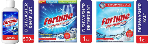 FORTUNE Dishwasher Detergent Starter Combo - Dishwasher Detergent Detergent 1kg (Pack of 1), Salt 1kg (Pack of 1) & Rinse Aid 500ml (Pack of 1)